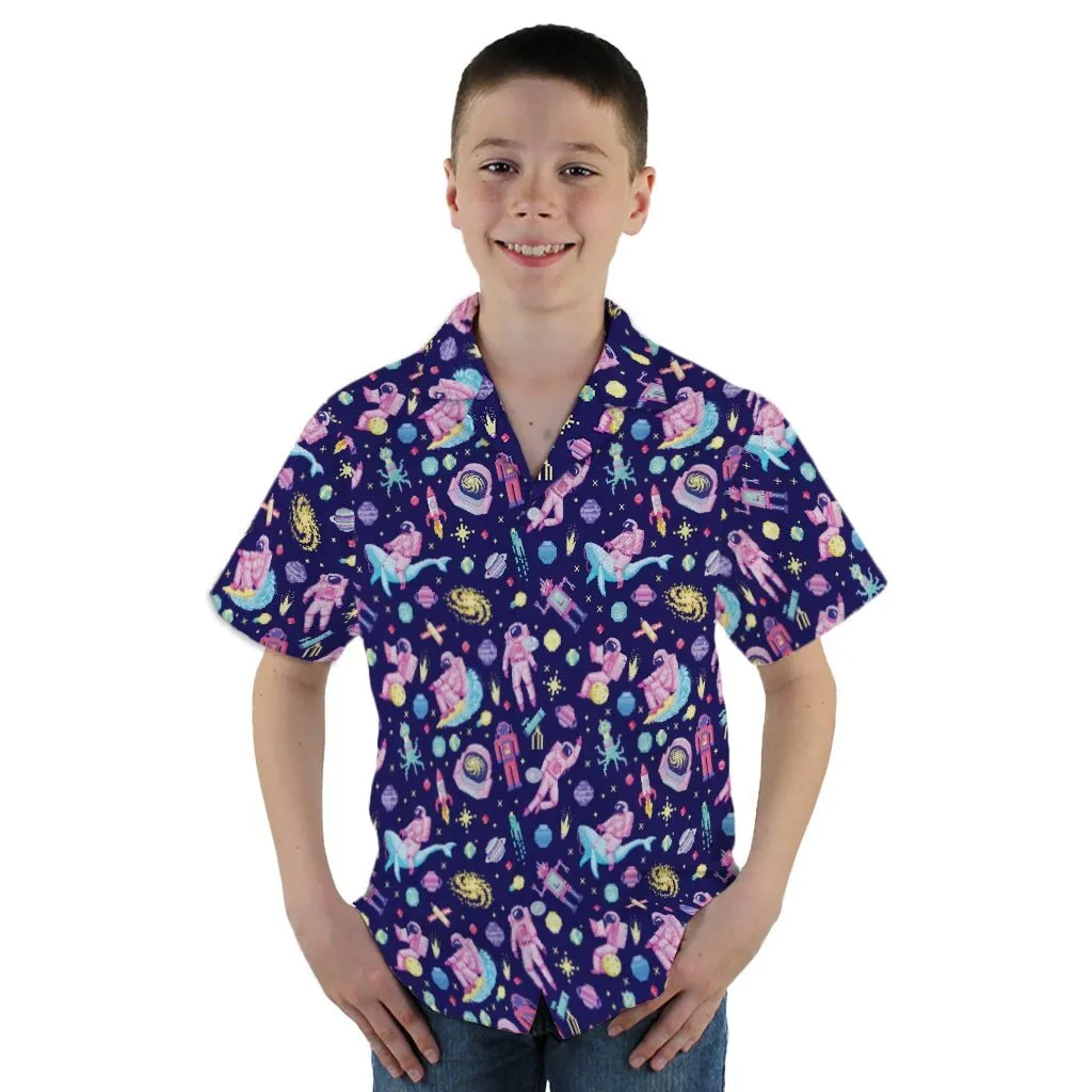 Astronaut Pixels Outer Space Purple Blue Youth Hawaiian Shirt