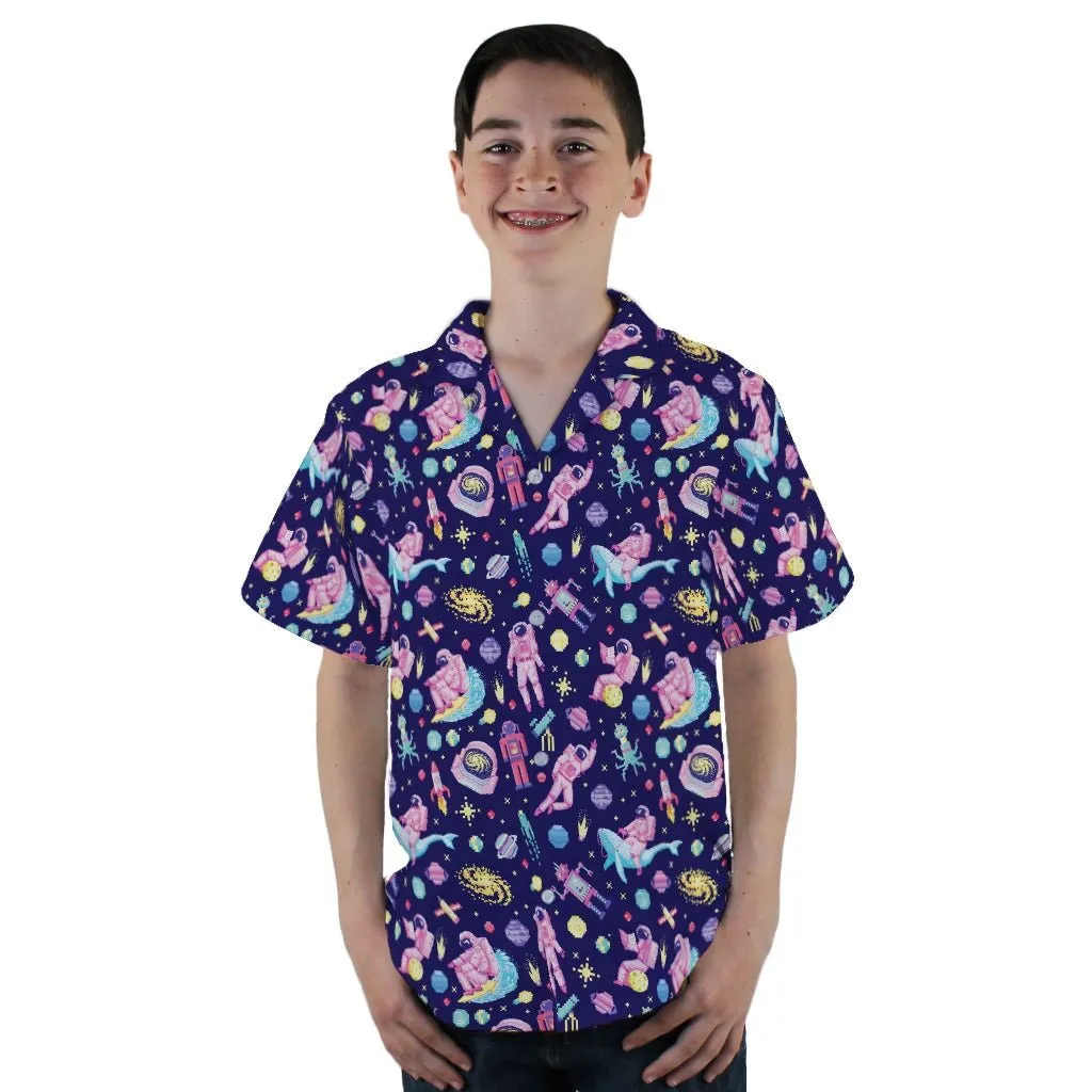 Astronaut Pixels Outer Space Purple Blue Youth Hawaiian Shirt