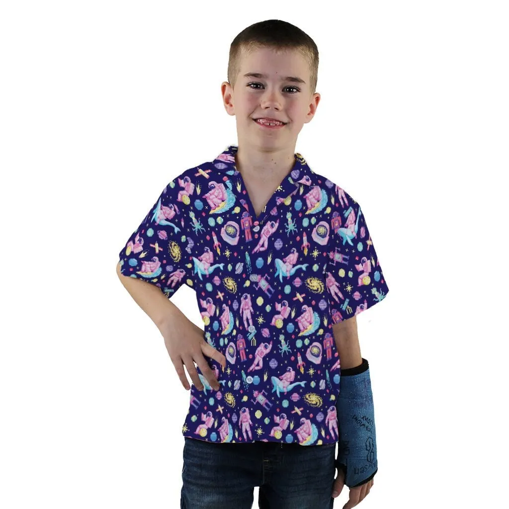 Astronaut Pixels Outer Space Purple Blue Youth Hawaiian Shirt