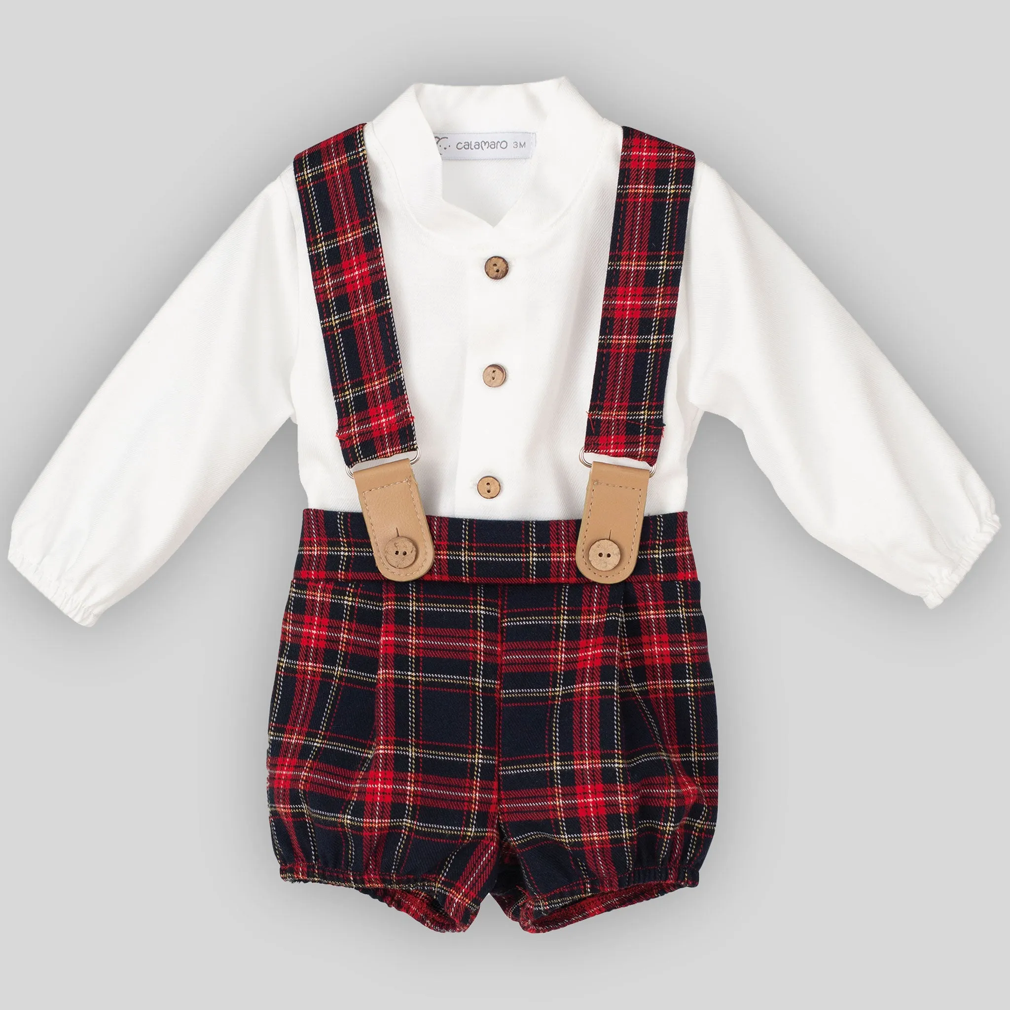 Baby Boys Shirt and Tartan Shorts with Braces - Red - Calamaro 17902