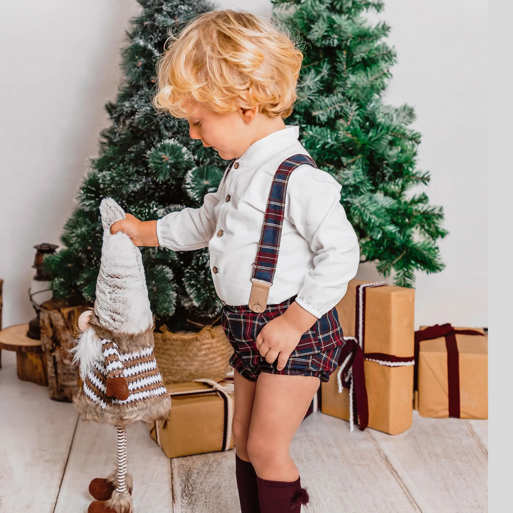 Baby Boys Shirt and Tartan Shorts with Braces - Red - Calamaro 17902