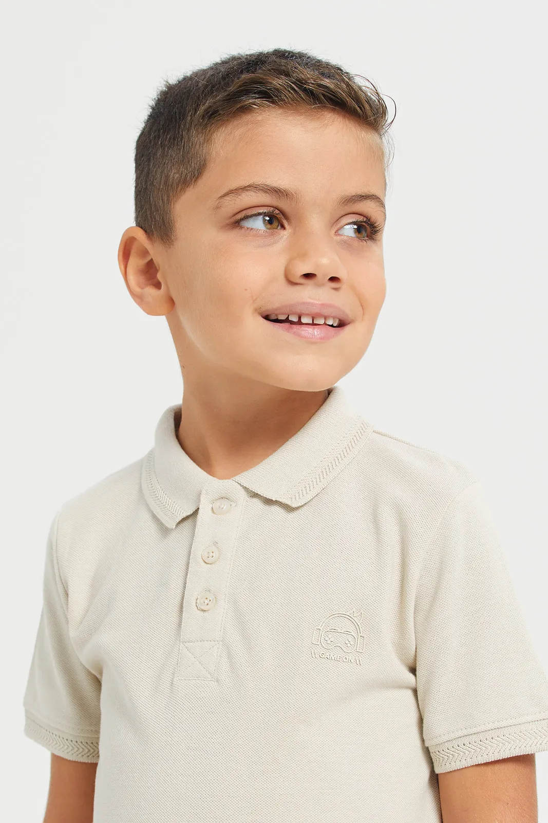 Boys Beige Embroidered Polo Shirt