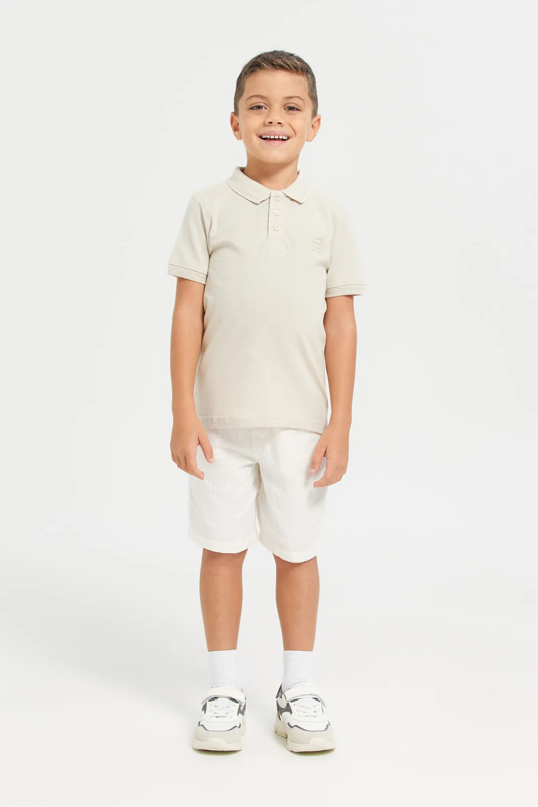 Boys Beige Embroidered Polo Shirt