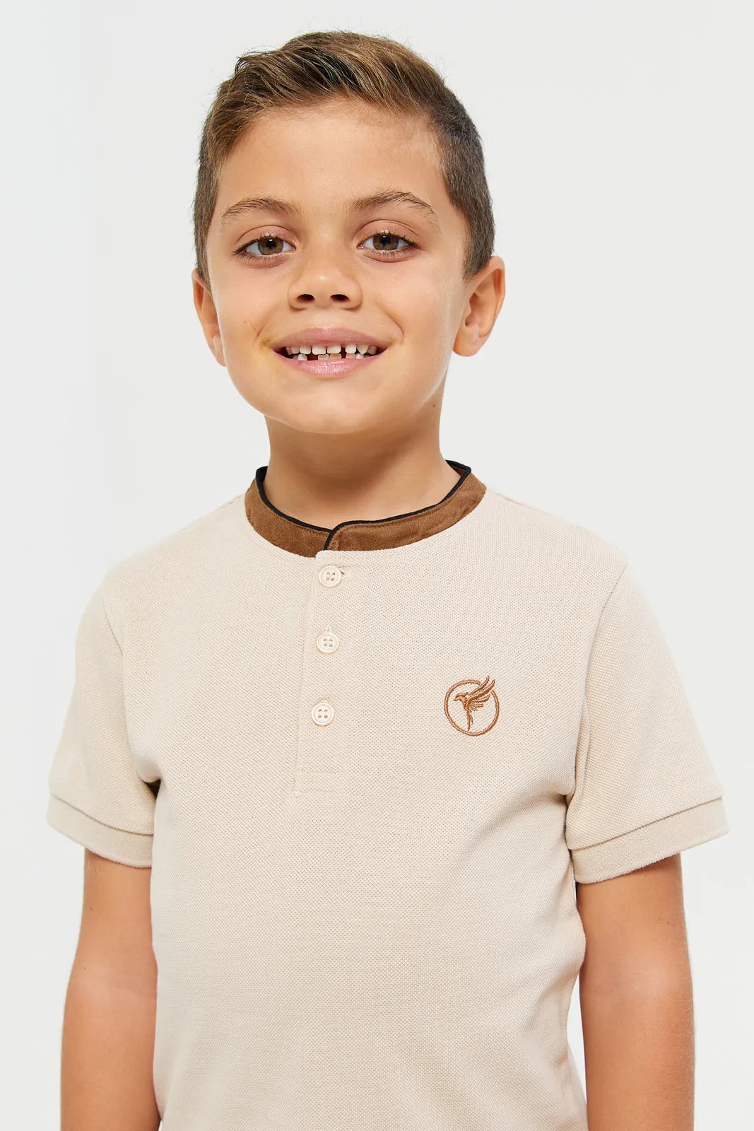 Boys Beige Embroidered T-Shirt