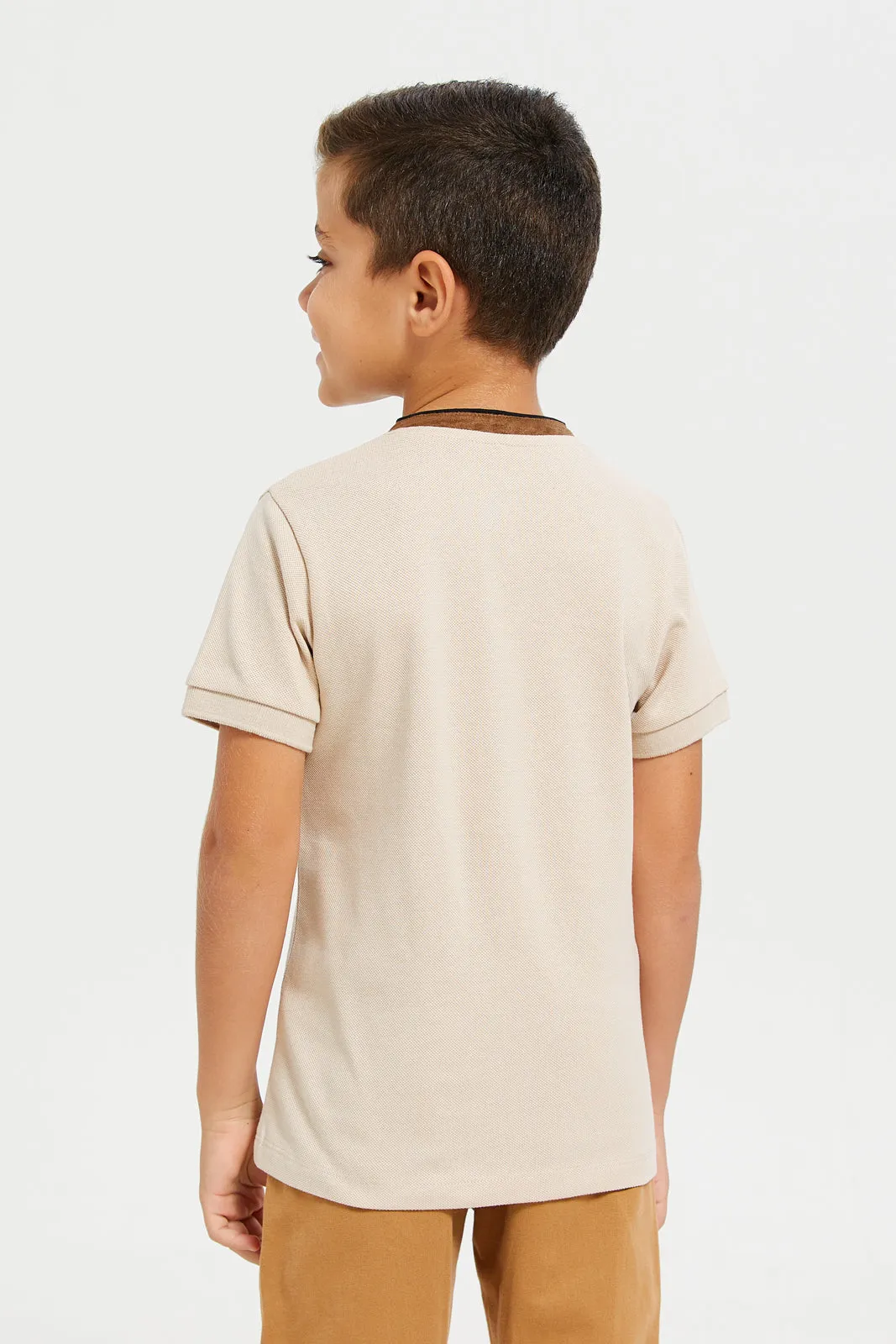 Boys Beige Embroidered T-Shirt