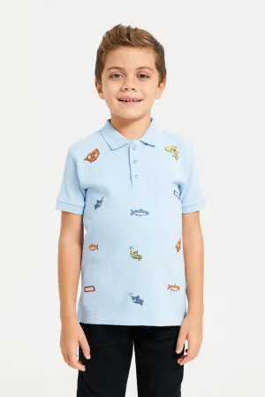 Boys Blue Embroidered Polo T-Shirt