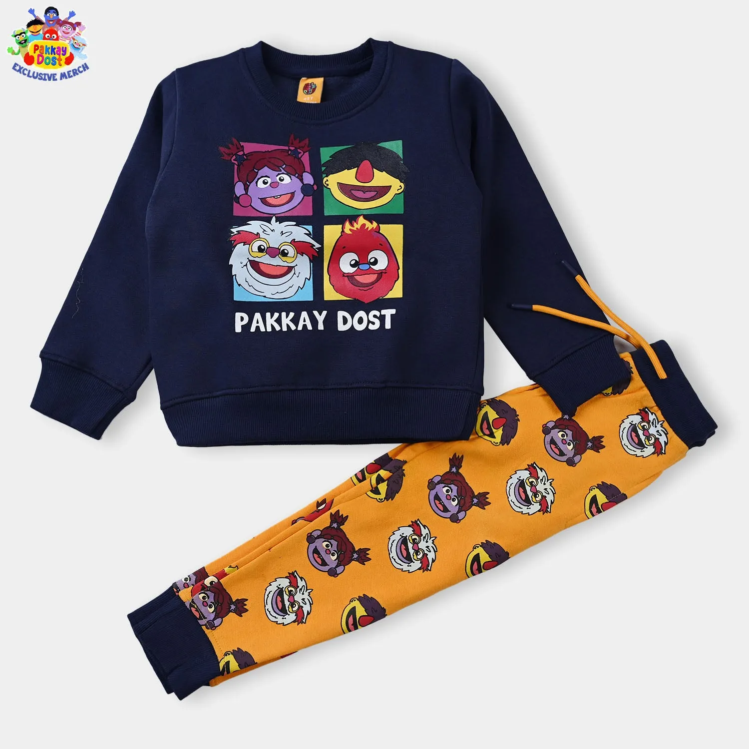 Boys Fleece 2PC Suit Pakkay Dost Characters Faces -Navy/Citrus