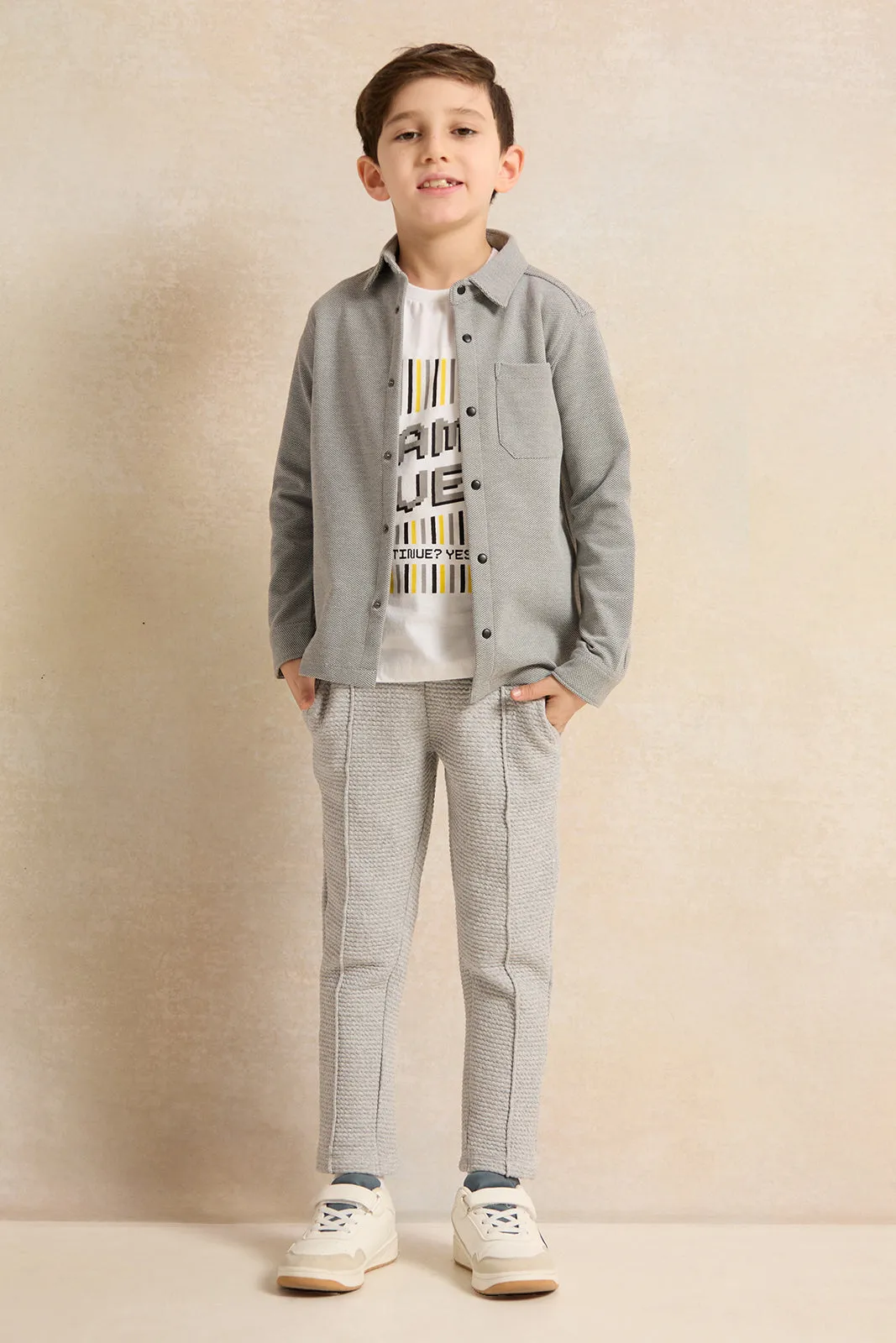 Boys Grey And White Shirt With T-Shirt Set (2 Piece)