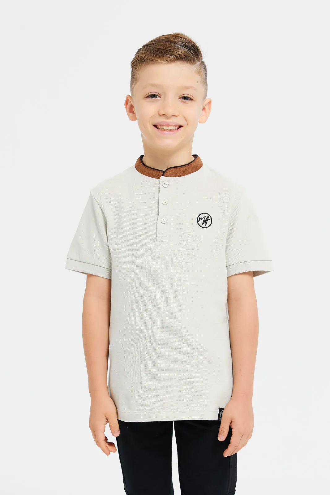 Boys Grey Embroidery Contrast Collar Polo T-Shirt