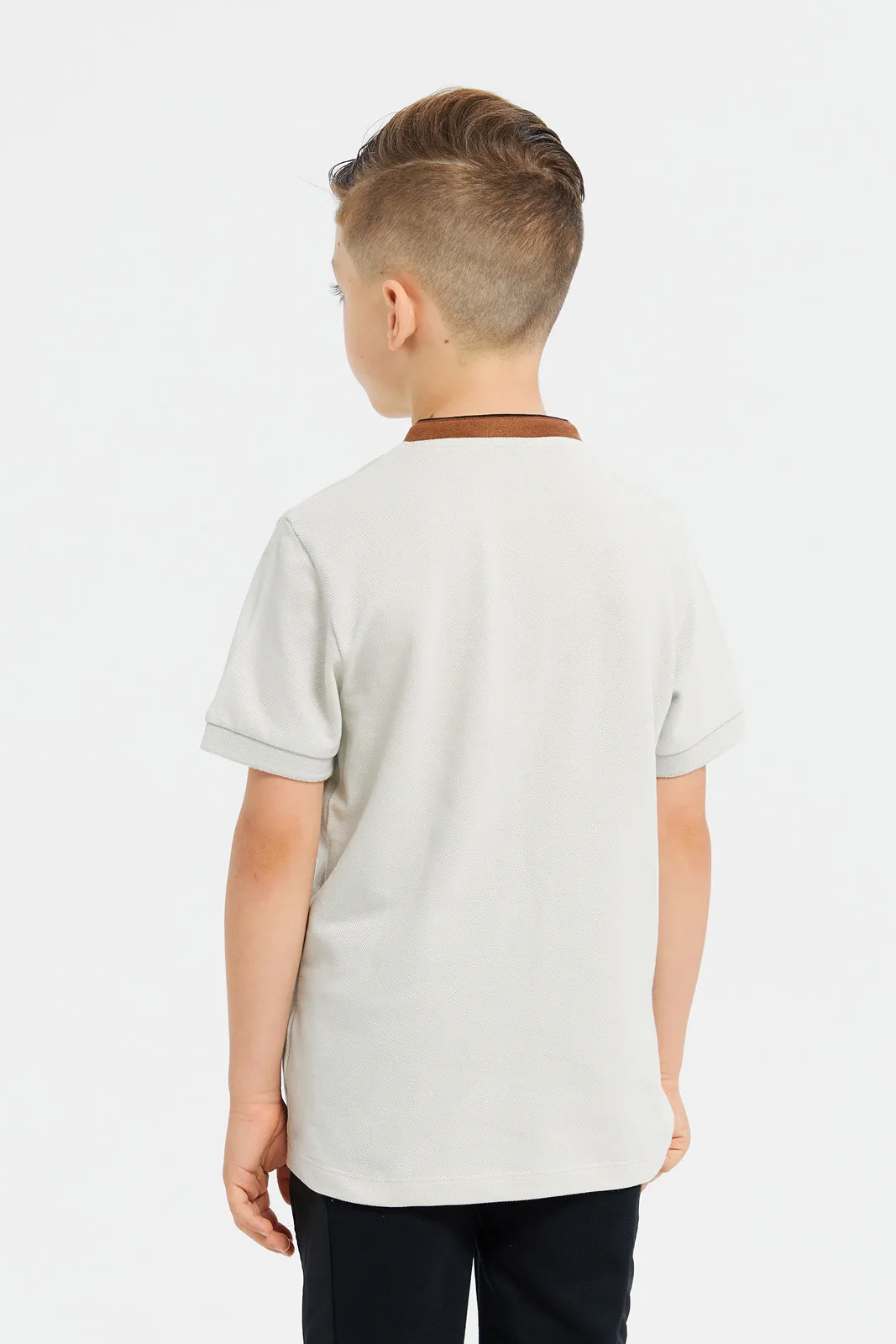 Boys Grey Embroidery Contrast Collar Polo T-Shirt