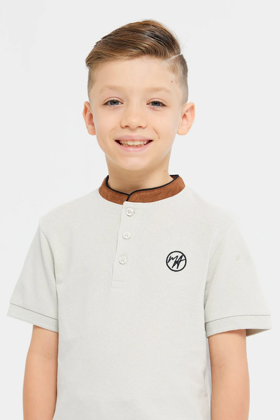 Boys Grey Embroidery Contrast Collar Polo T-Shirt