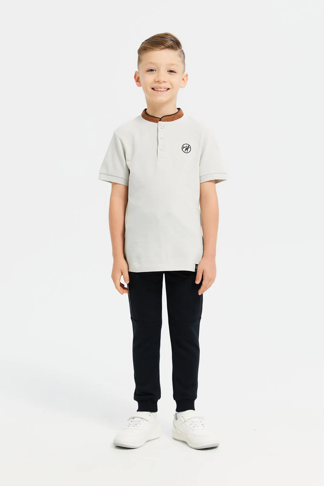 Boys Grey Embroidery Contrast Collar Polo T-Shirt