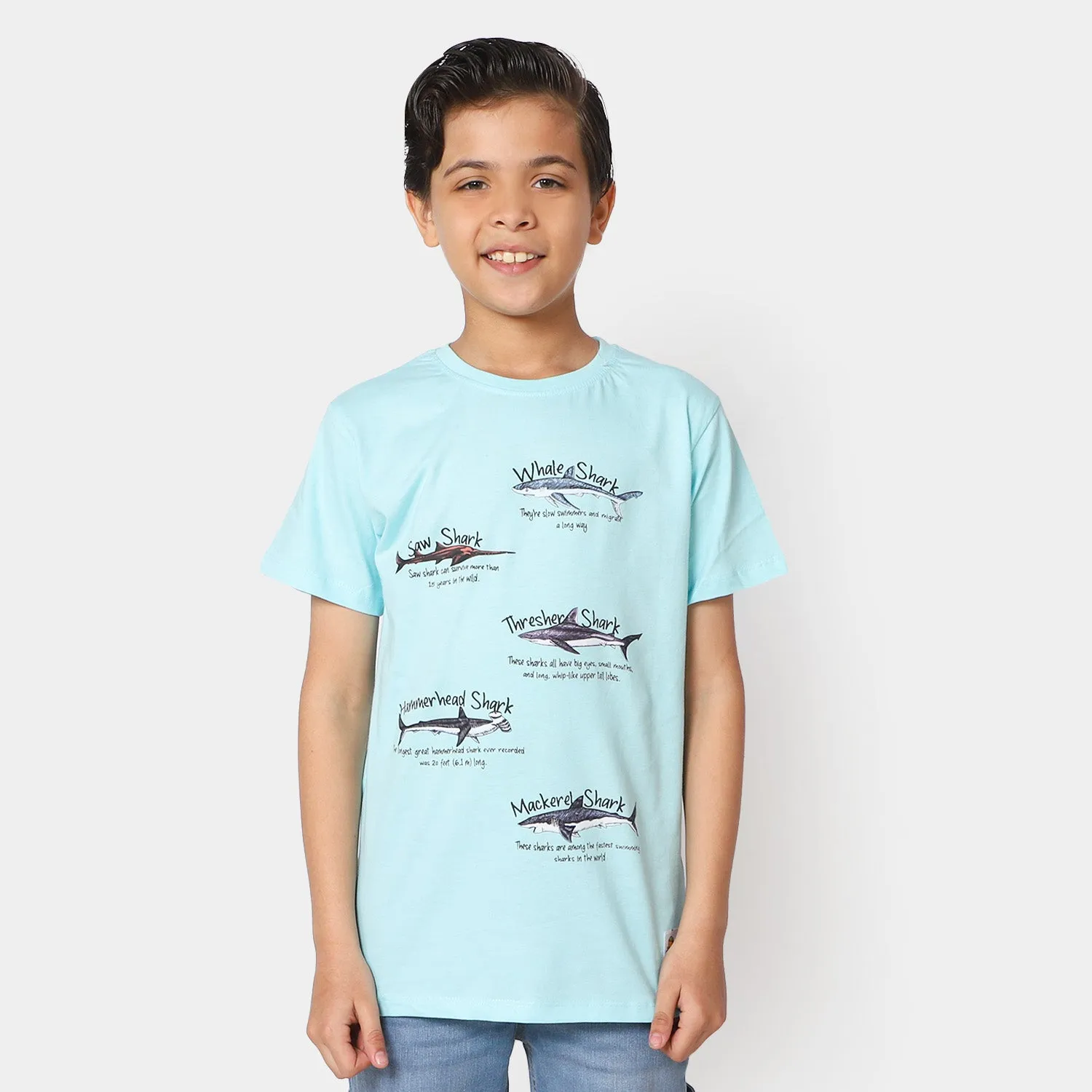 Boys Jersey Round Neck T-Shirt Shark - Sky Blue