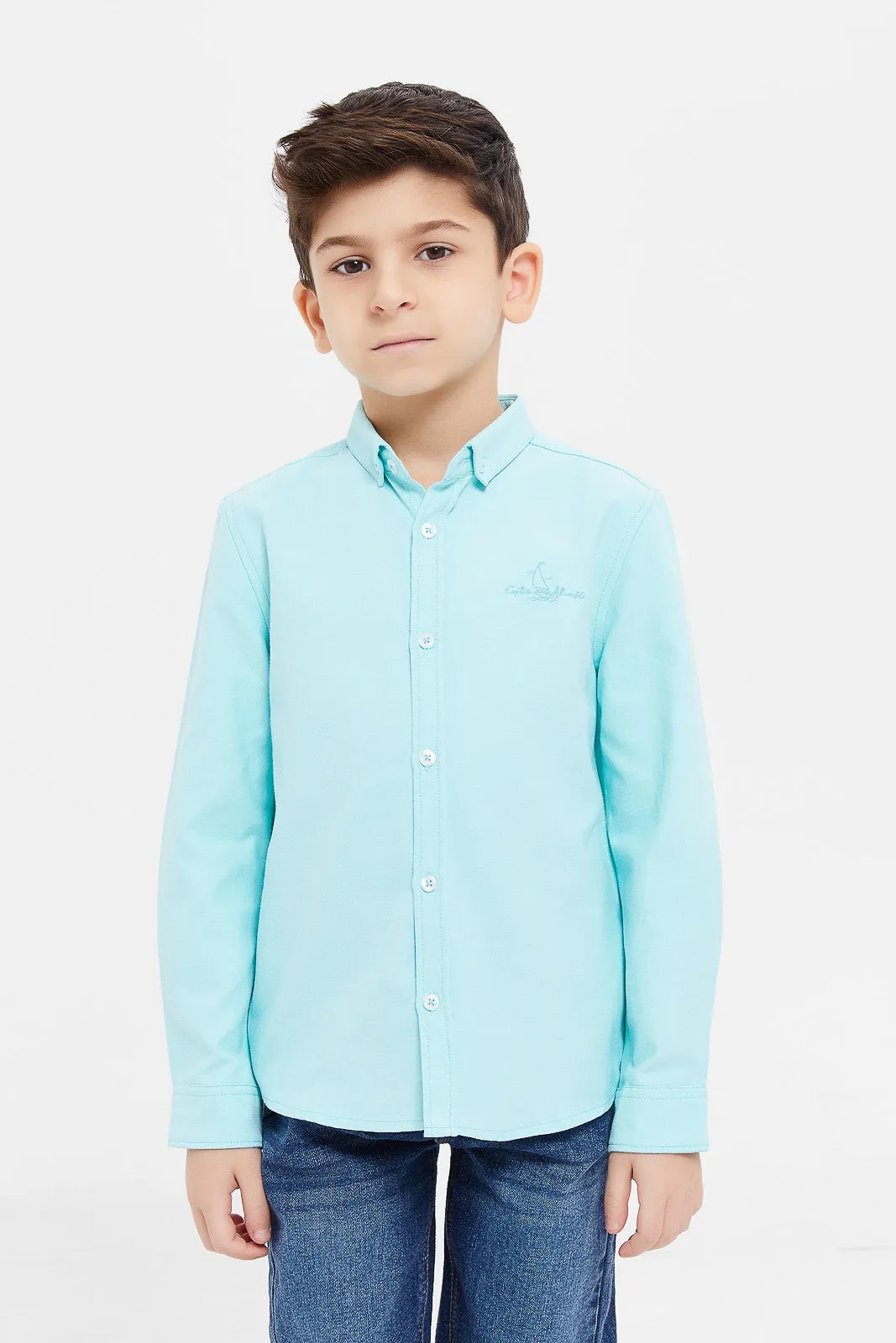 Boys Mint Plain Long Sleeve Shirt