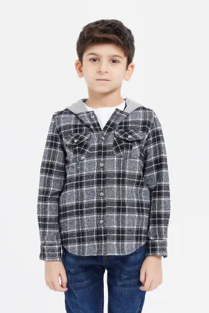 Boys Navy Flannel Check Long Sleeve Hooded Shirt