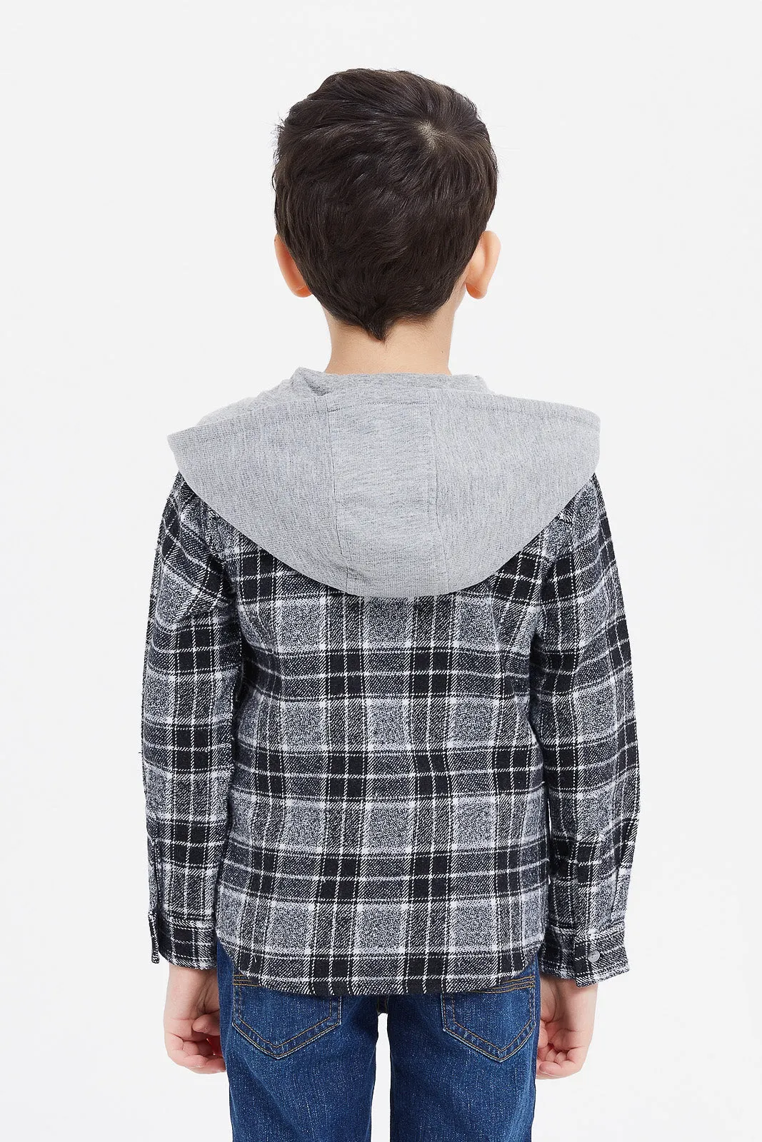 Boys Navy Flannel Check Long Sleeve Hooded Shirt