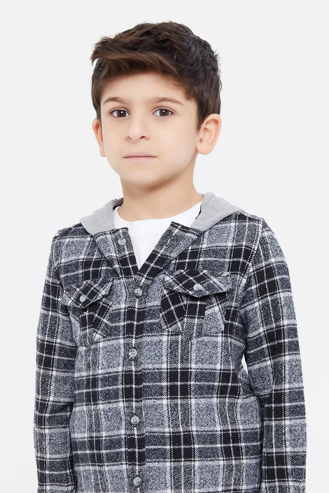 Boys Navy Flannel Check Long Sleeve Hooded Shirt