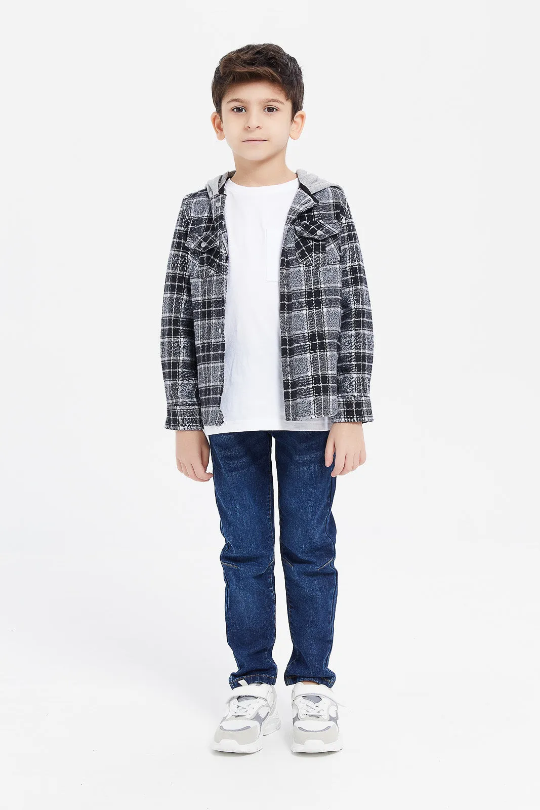 Boys Navy Flannel Check Long Sleeve Hooded Shirt