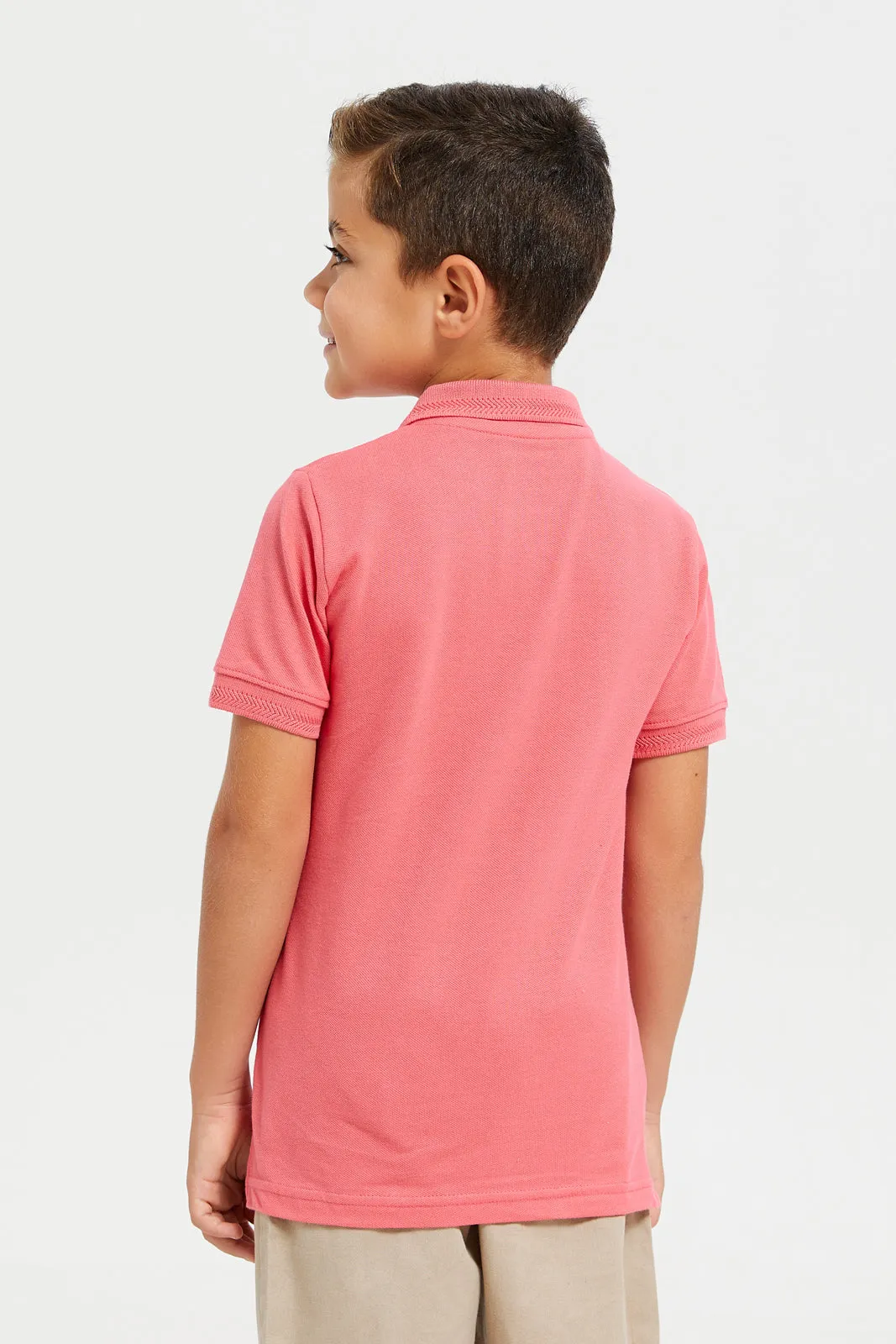 Boys Peach Printed Basic Tipping Polo T-Shirt