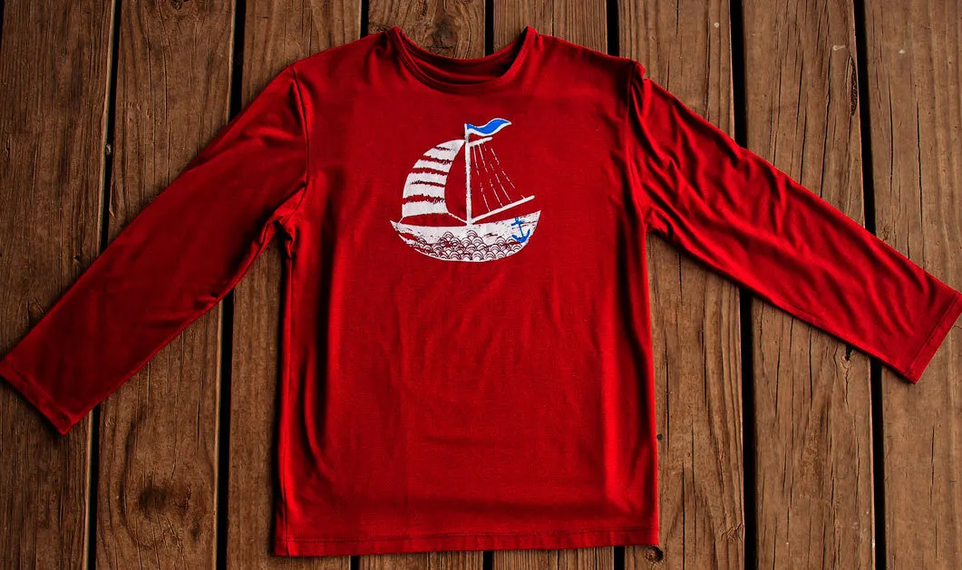 Boys Sun Protective Shirt-Sailboat Deep Crimson