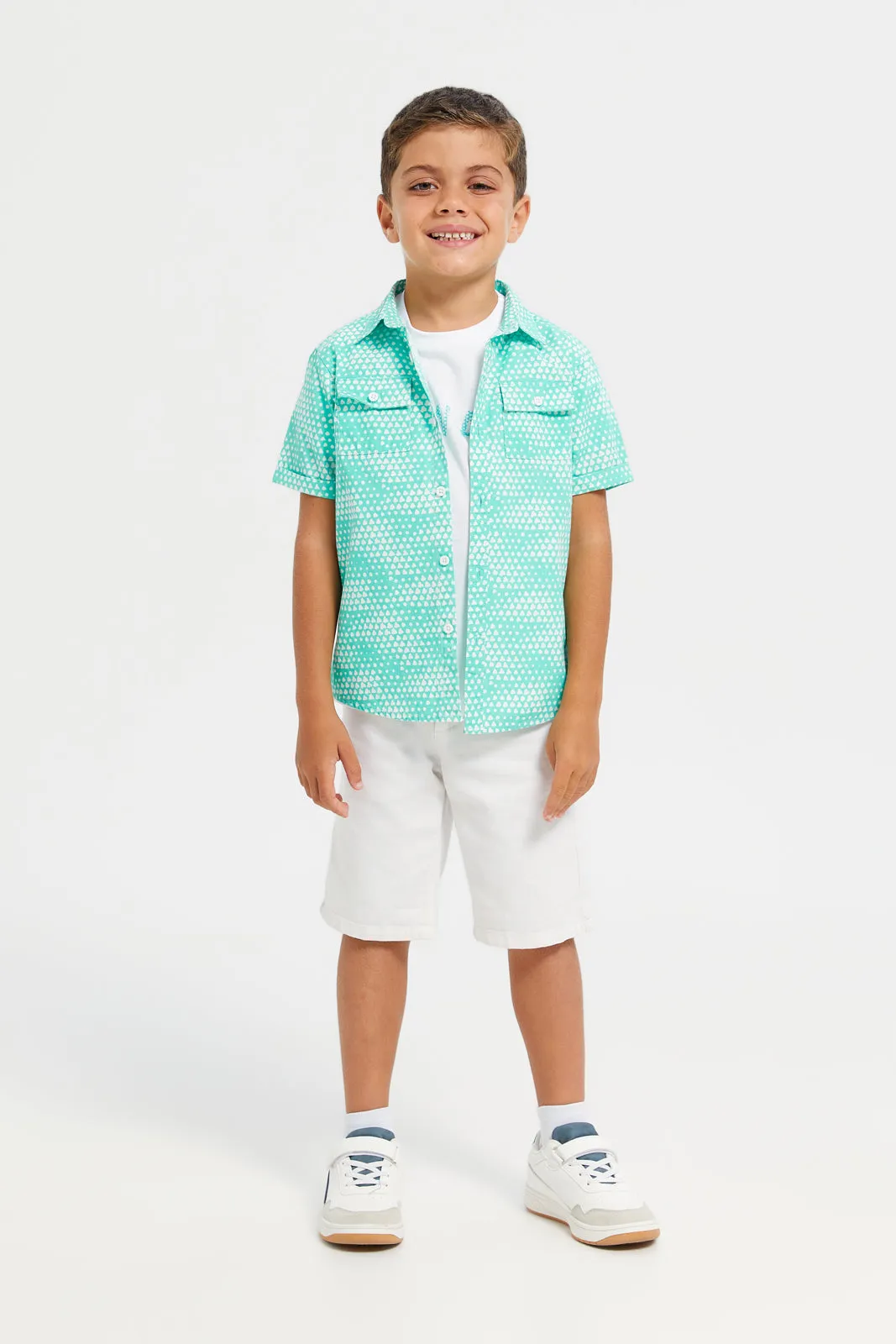 Boys Teal And White Shirt With T-Shirt Set (2 Piece)