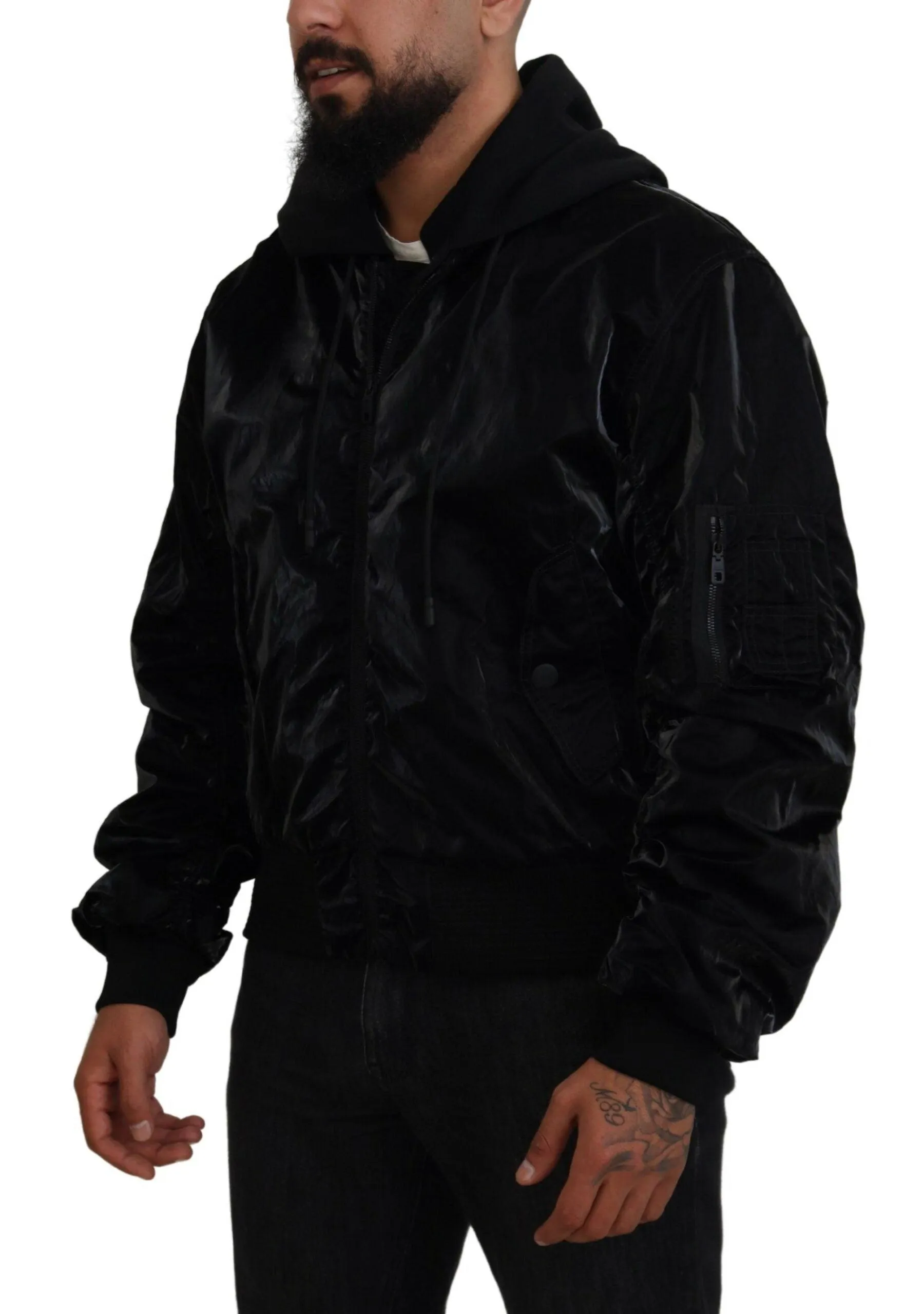 Dolce & Gabbana Black Nylon Hooded Full Zip Bomber Jacket