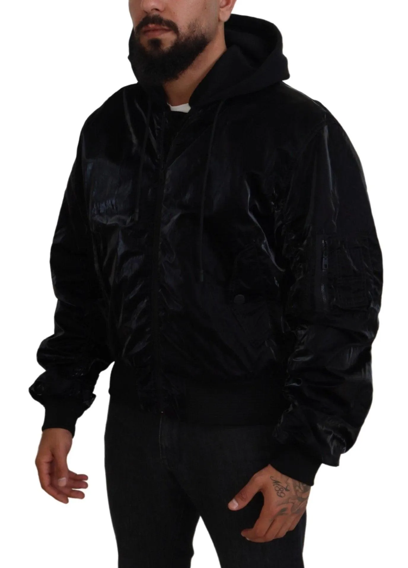 Dolce & Gabbana Black Nylon Hooded Full Zip Bomber Jacket