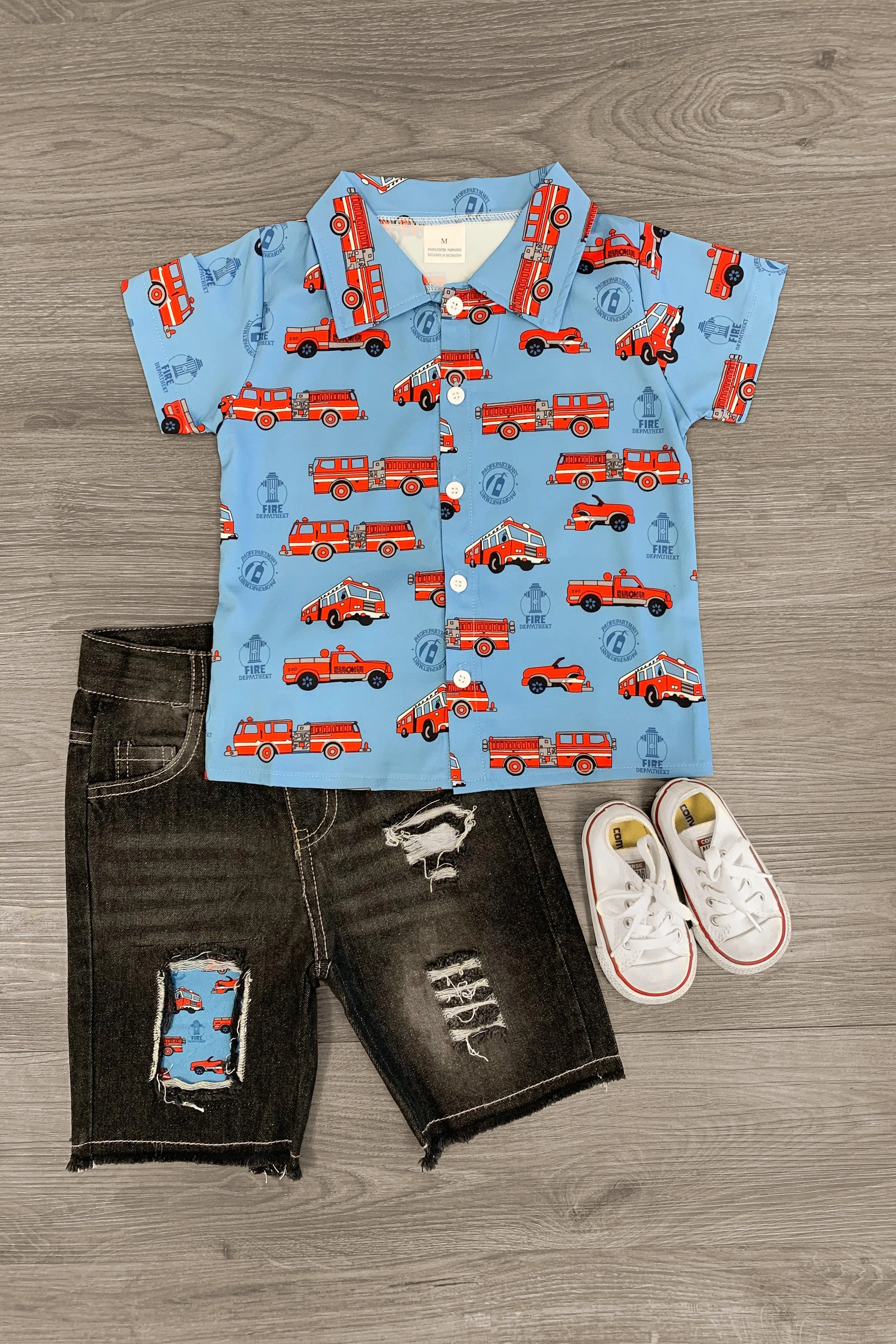 Firetruck Distressed Denim Short Set