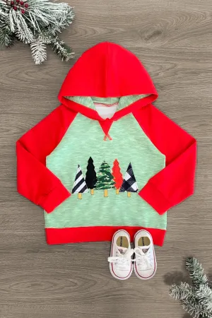 Green & Red Patterned Tree Hooded Long Sleeve Top