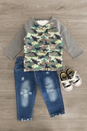 Green Camo Distressed Denim Pant Set