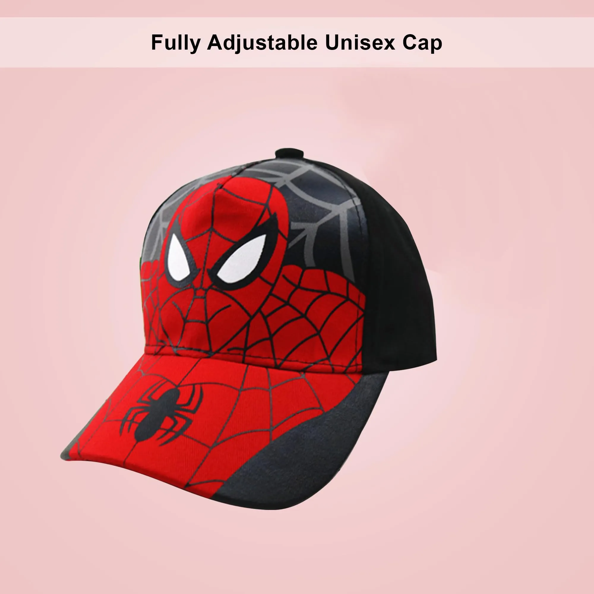 Kuber Industries Pack of 3 Spiderman Cap | Adjustable Cap for Boys and Girls | Cartoon Character Printed Little Cap for Kids | Cap for 7-12 Year Old Baby Girls and Boys | T8103-B | Black & Red