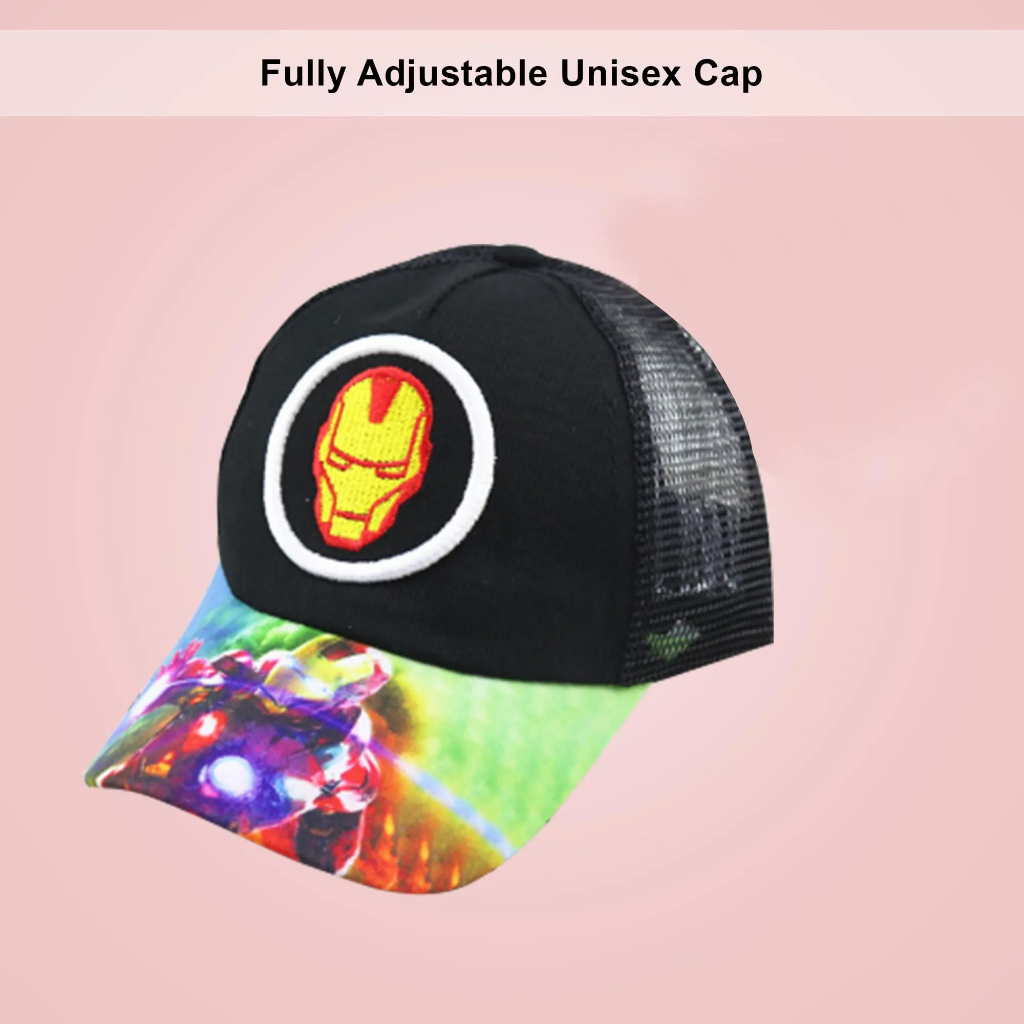 Kuber Industries Pack of 4 Iron Man | Adjustable Cap for Boys and Girls | Cartoon Character Printed Little Cap for Kids | Cap for 7-12 Year Old Baby Girls and Boys |T20310C | Black