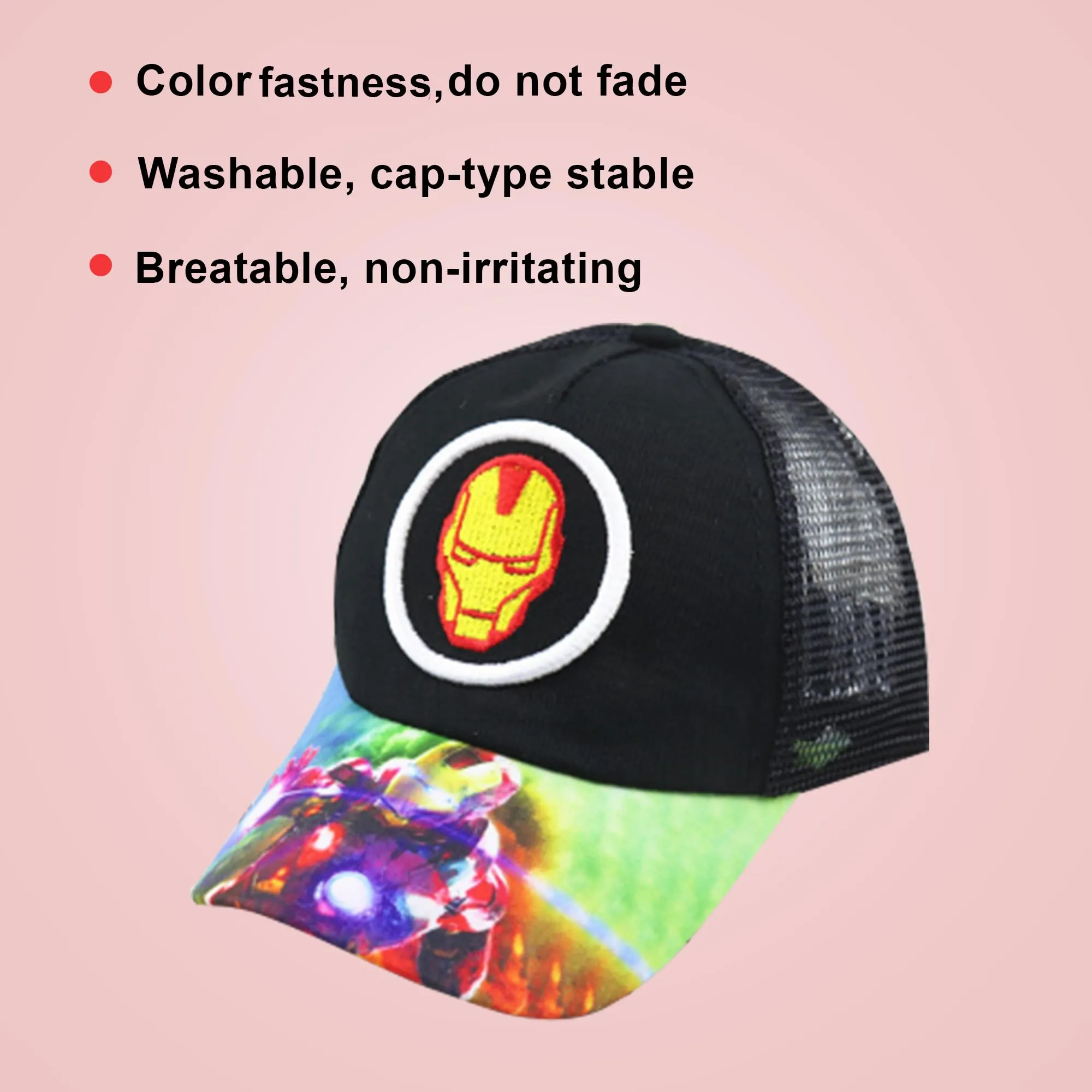 Kuber Industries Pack of 4 Iron Man | Adjustable Cap for Boys and Girls | Cartoon Character Printed Little Cap for Kids | Cap for 7-12 Year Old Baby Girls and Boys |T20310C | Black