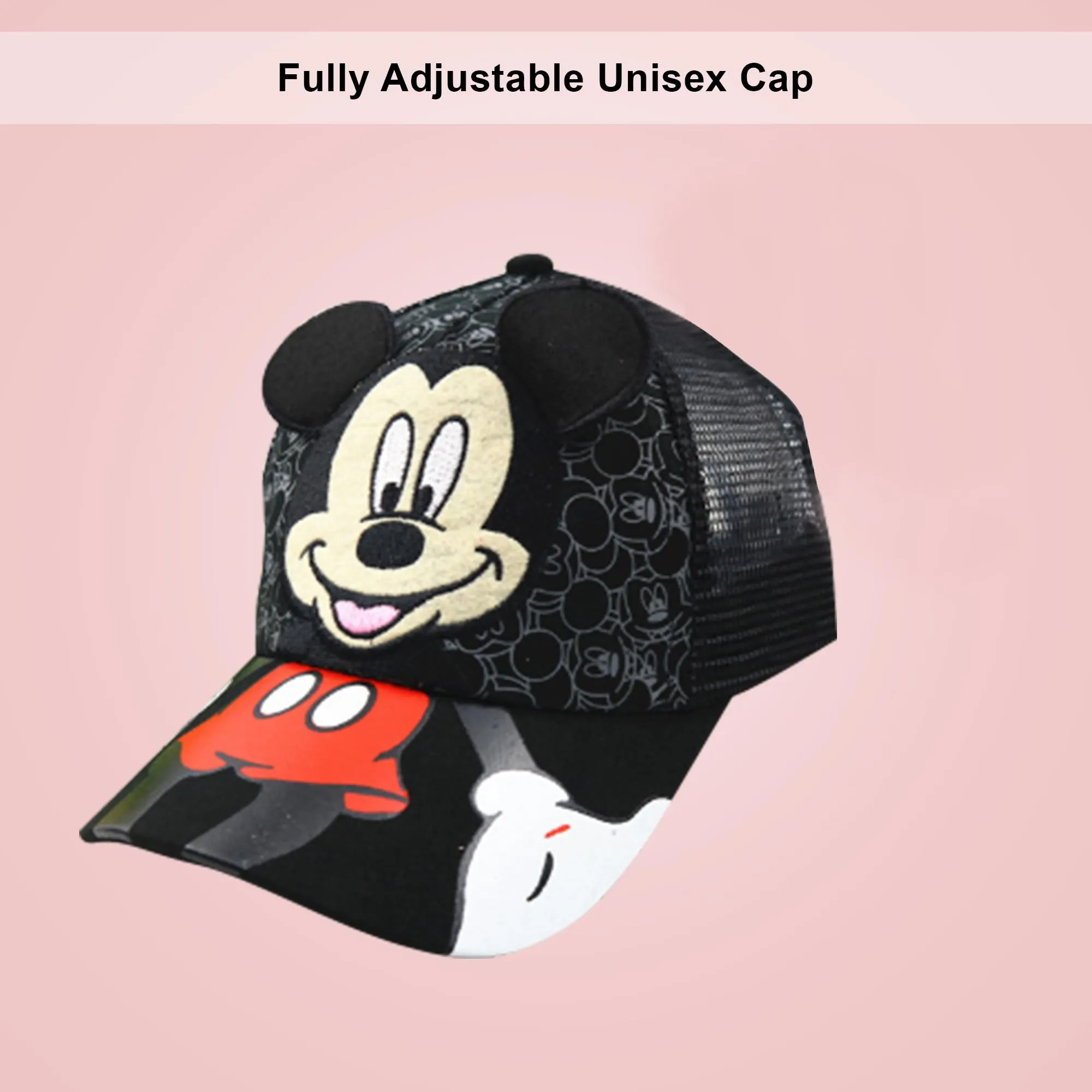 Kuber Industries Pack of 5 Mickey Mouse Cap | Adjustable Cap for Boys and Girls | Cartoon Character Printed Little Cap for Kids | Cap for 7-12 Year Old Baby Girls and Boys | QI0102-B | Black