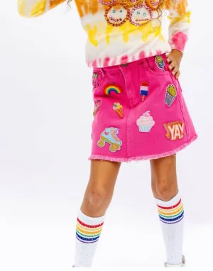 Lola and The Boys Girls All About The Patch Hot Pink Denim Skirt