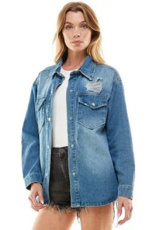 Long Denim Jacket-Medium Wash - #4680-4682