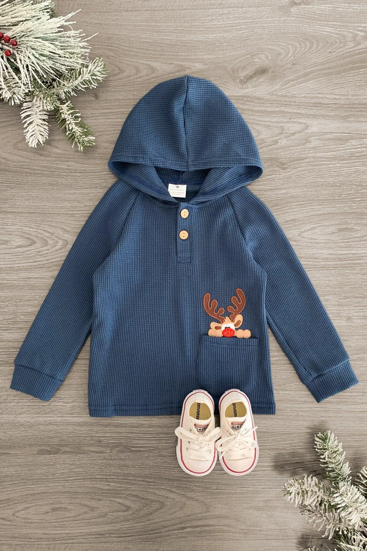 Navy Waffle Knit Reindeer Hoodie