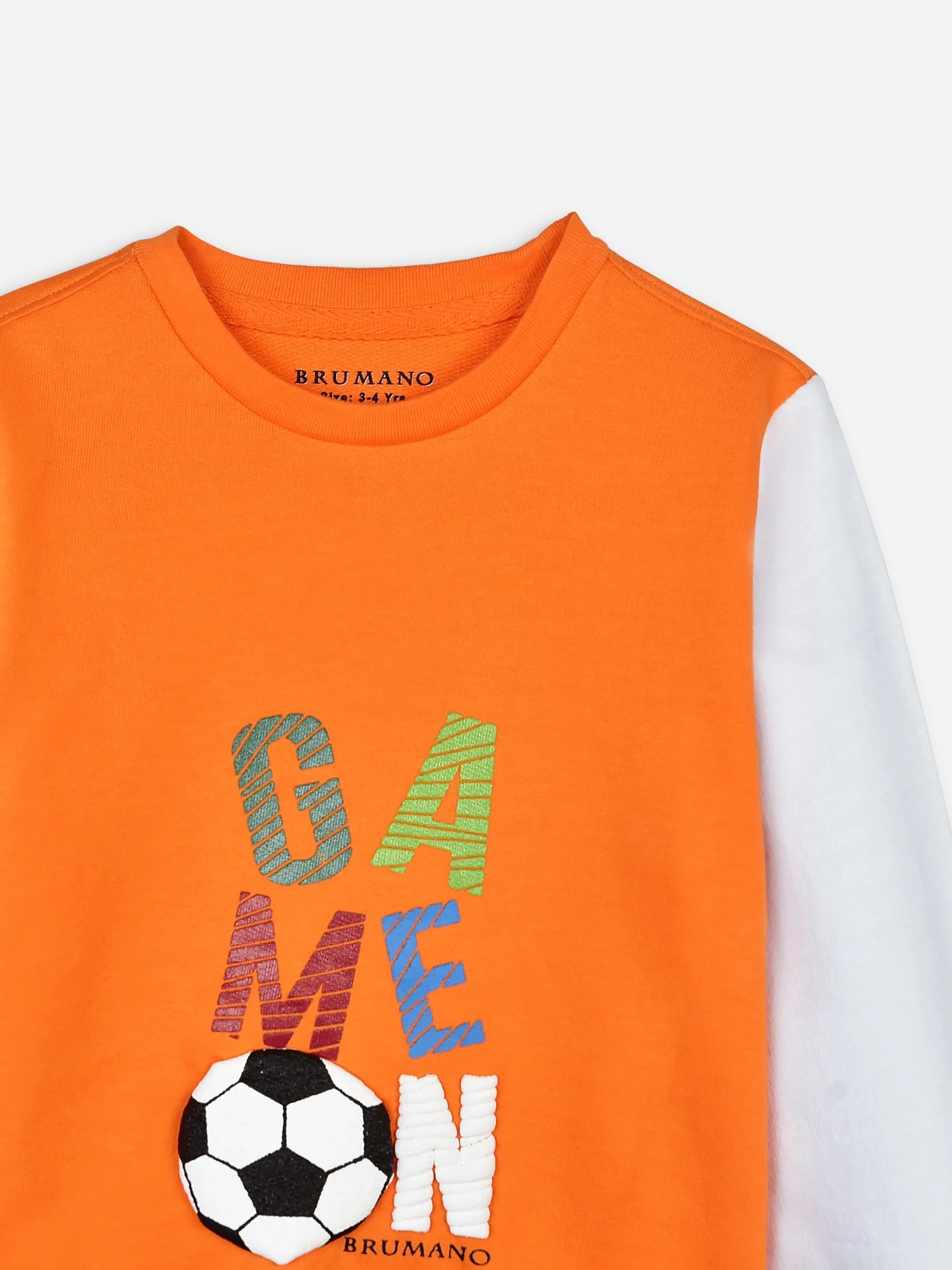 Orange Contrasting Sleeves Sweatshirt With 'Game On' Print