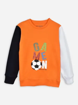 Orange Contrasting Sleeves Sweatshirt With 'Game On' Print