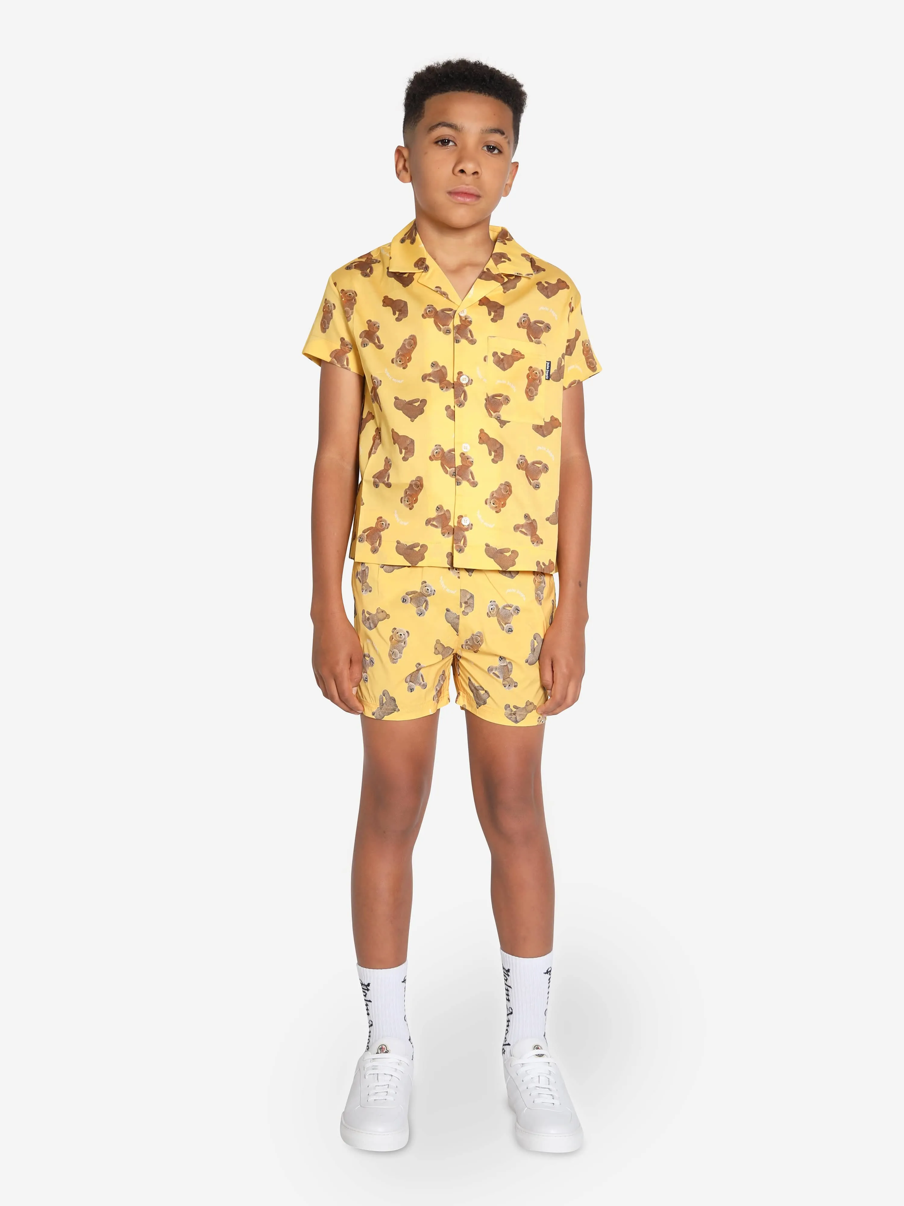 Palm Angels Boys AOP PA Bears Bowling Shirt in Yellow