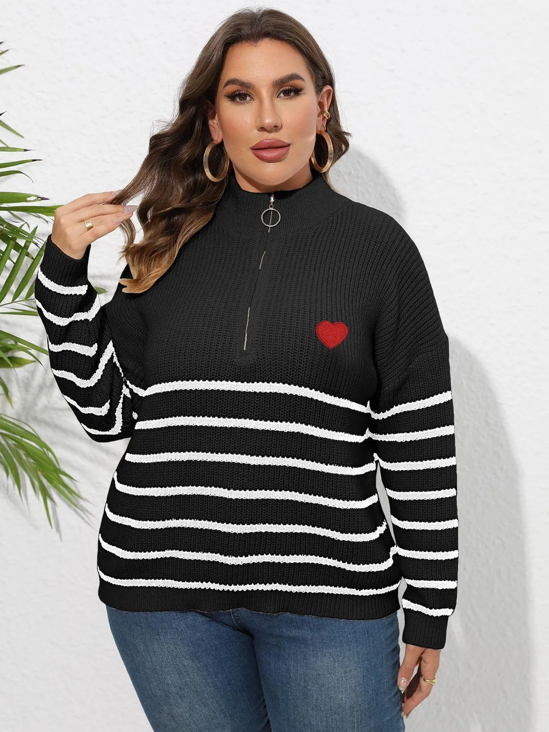 Plus Size Zip-Up Striped Sweater