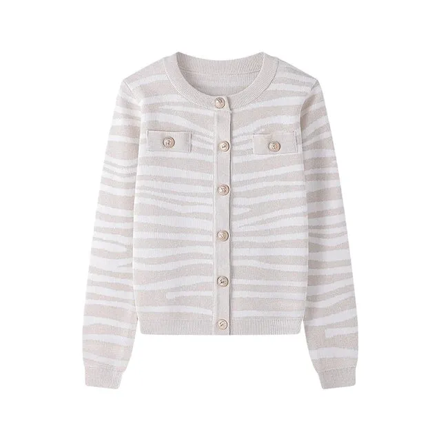 Pre Order: Elegant Striped Round Neck Cardigan