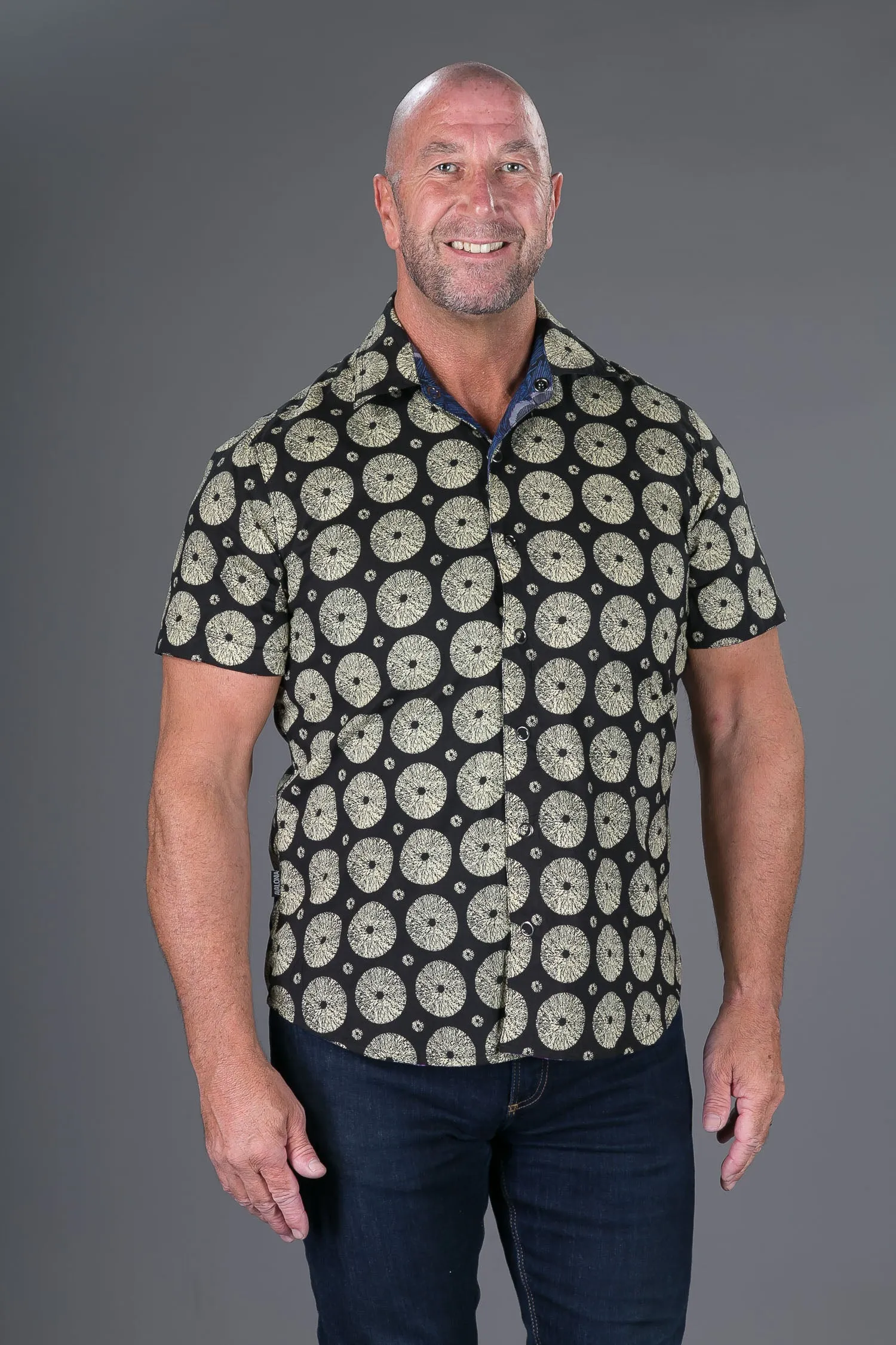 Reversible Peacock Black Print Cotton Slim Fit Mens Hawaiian Shirt Short Sleeve