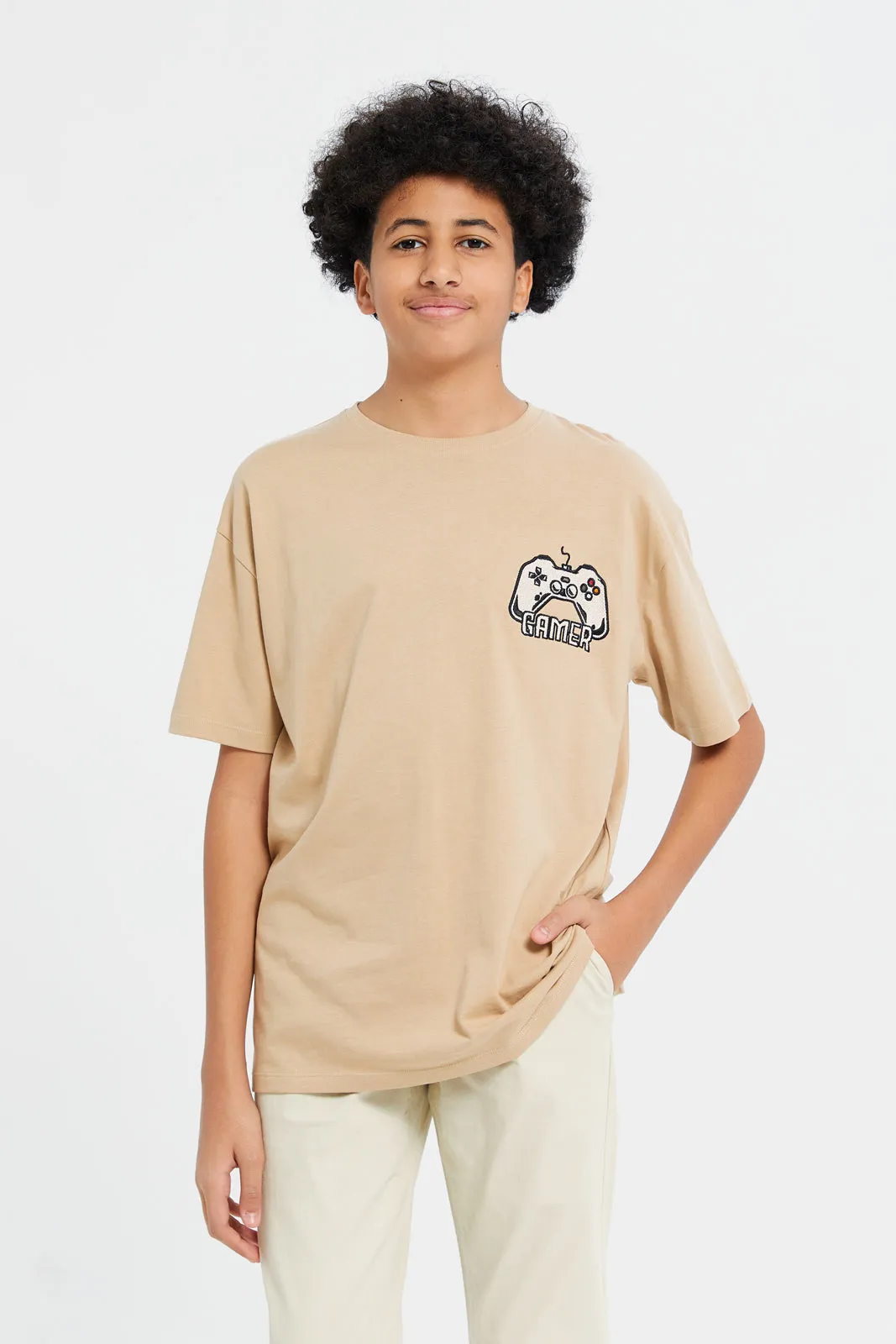 Senior Boys Beige Oversize Gamer Embroidery T-Shirt