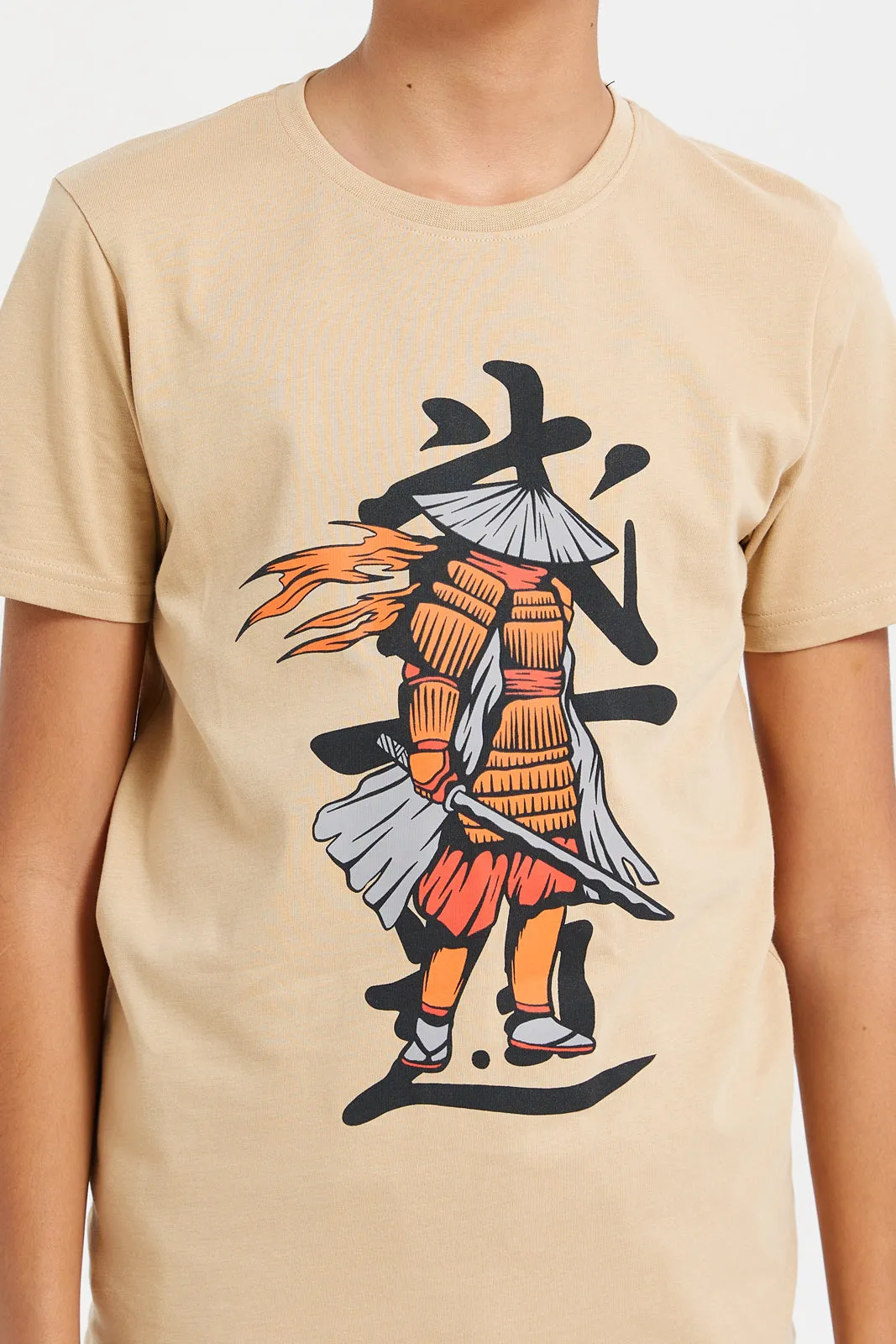 Senior Boys Beige Samurai Short Sleeve Graphic T-Shirt