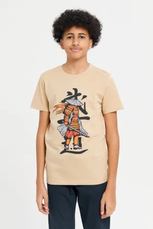 Senior Boys Beige Samurai Short Sleeve Graphic T-Shirt