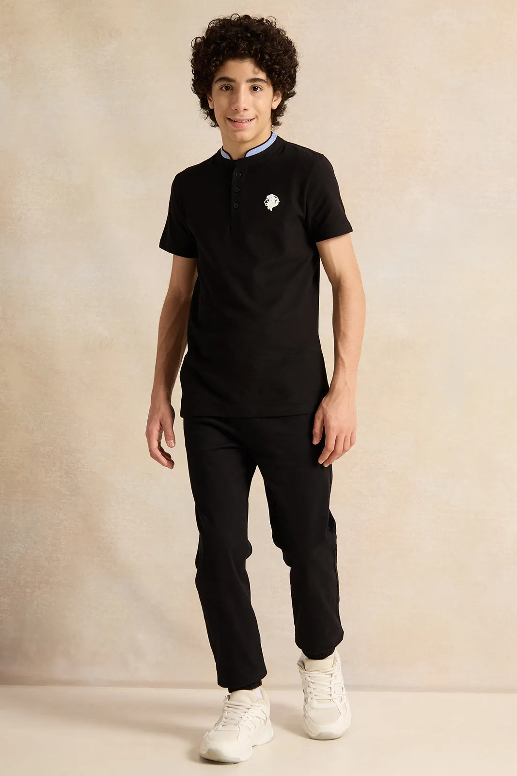 Senior Boys Black Button Collar Polo T-Shirt