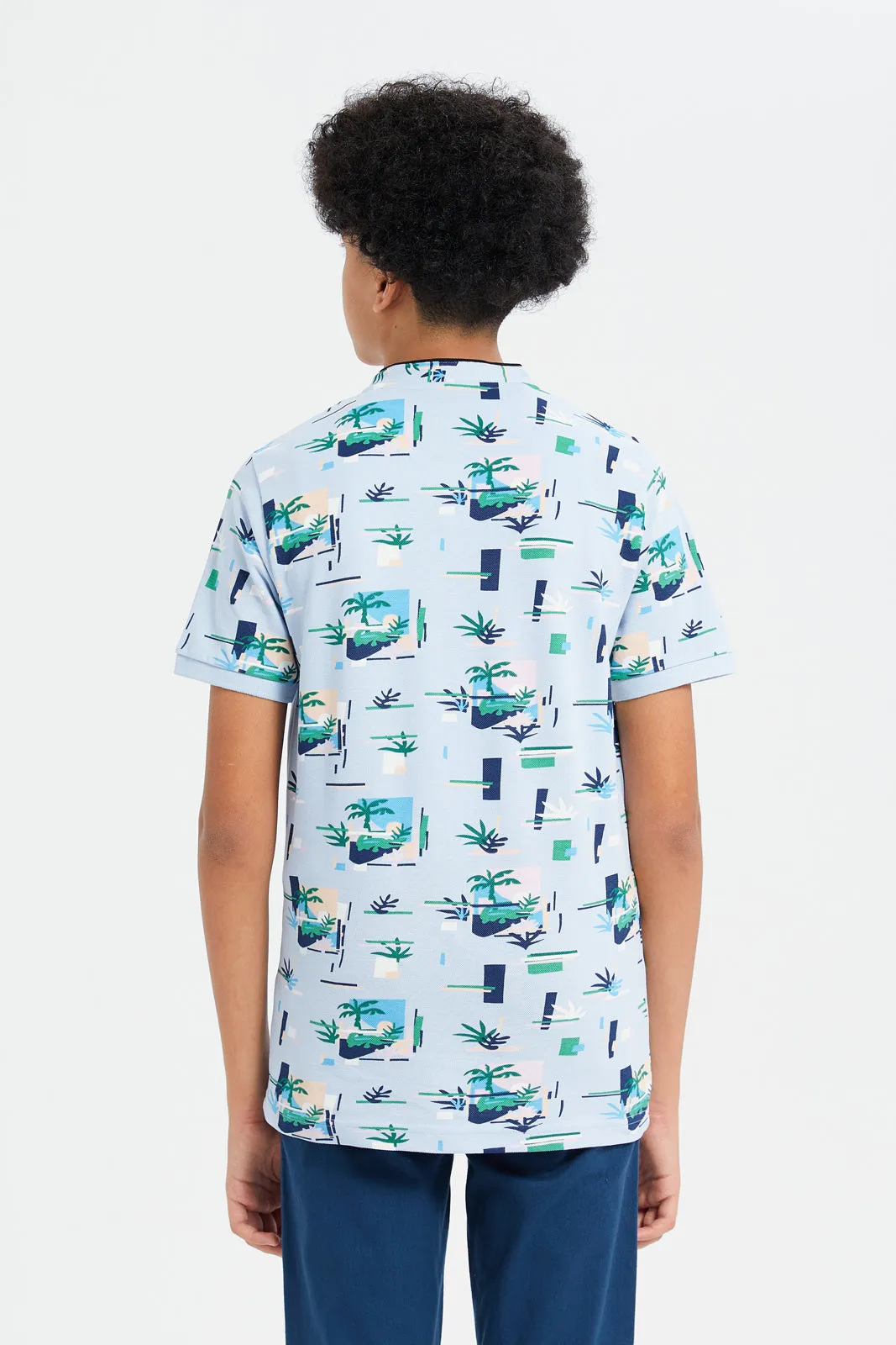 Senior Boys Blue Palm Tree Print Polo Shirt