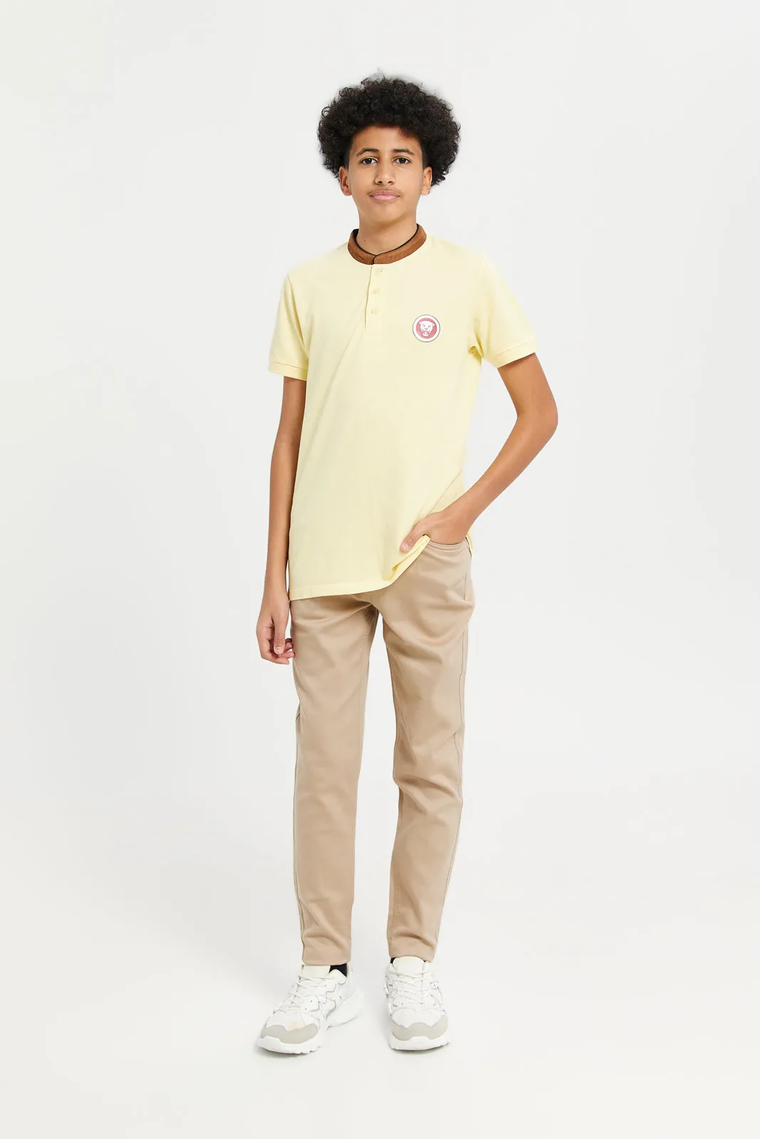 Senior Boys Yellow Mandarin Collar Polo T-Shirt