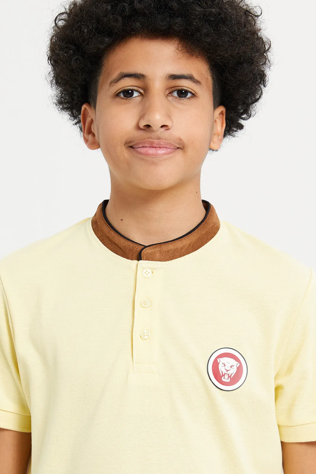 Senior Boys Yellow Mandarin Collar Polo T-Shirt